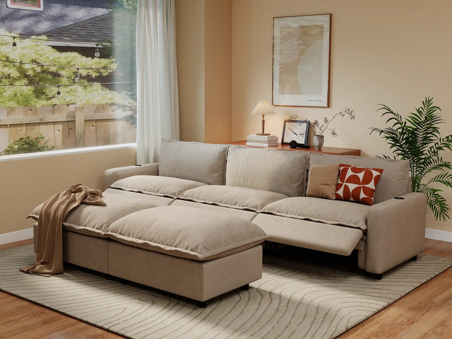 Modular Cero Reclining Sectionals | 5-Piece Khaki Linen Large Space U-Shaped Sectionals 3-Seater with 2-Ottomans