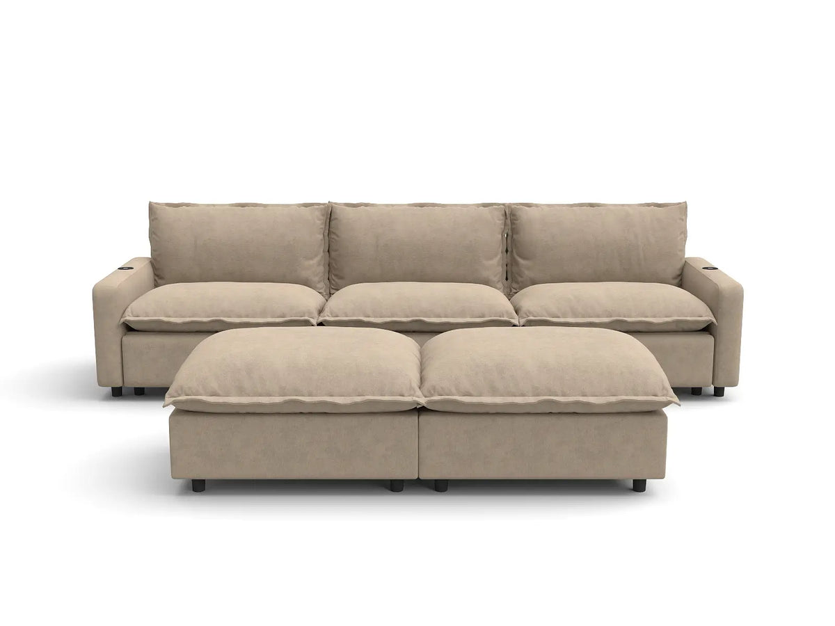 Modular Cero Reclining Sectionals | 5-Piece Khaki Linen Large Space U-Shaped Sectionals 3-Seater with 2-Ottomans