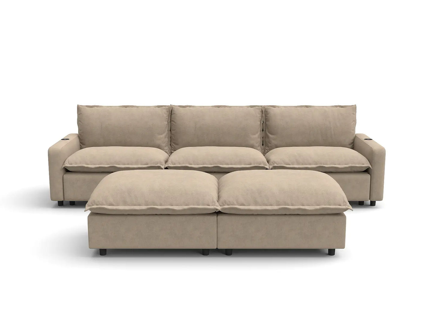 Modular Cero Reclining Sectionals | 5-Piece Khaki Linen Large Space U-Shaped Sectionals 3-Seater with 2-Ottomans