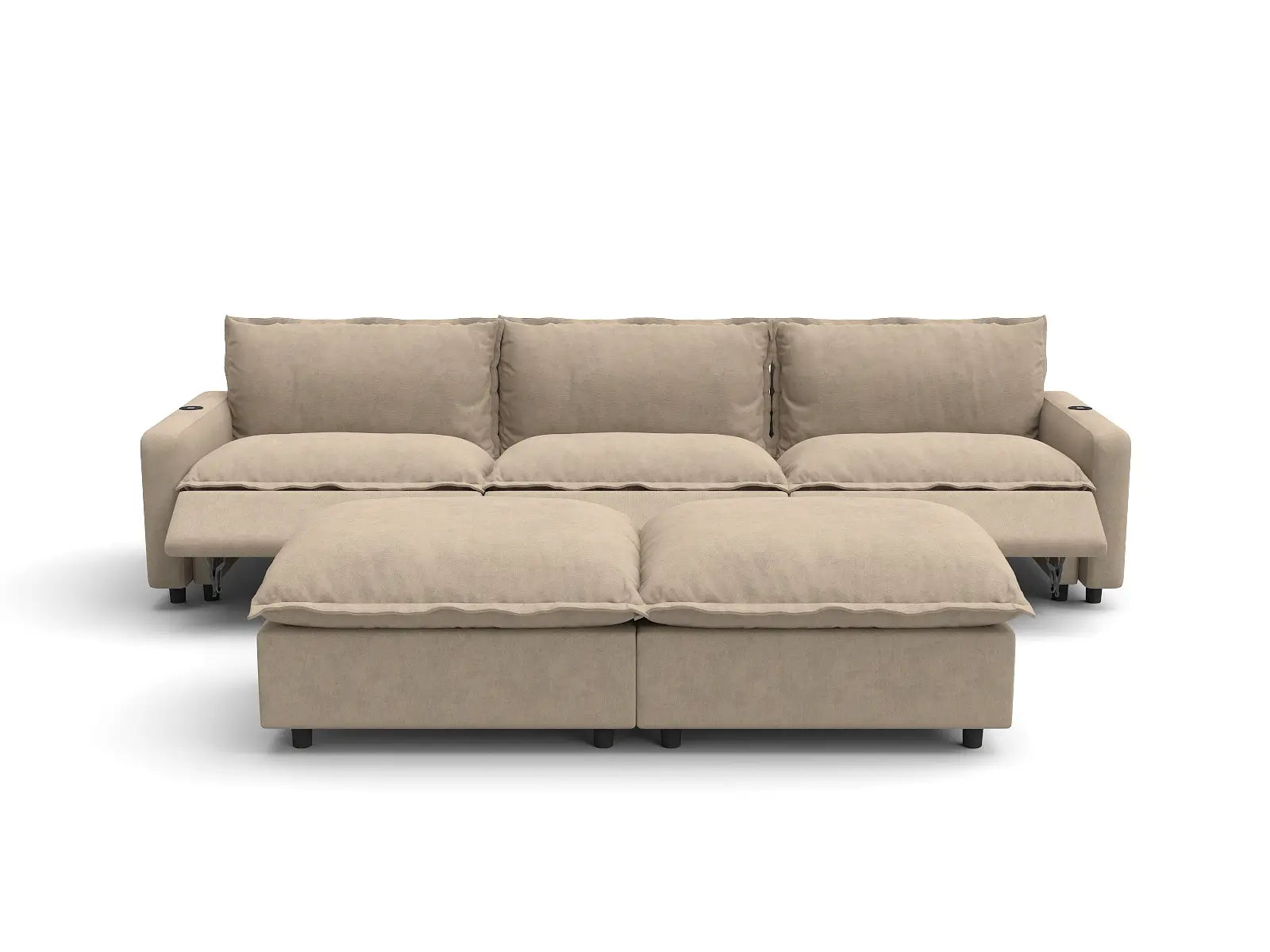 Modular Cero Sectional Couch with Chaise and Recliner | 5-Piece Khaki Linen Large Space U-Shaped Sectionals 3-Seater with 2-Ottomans