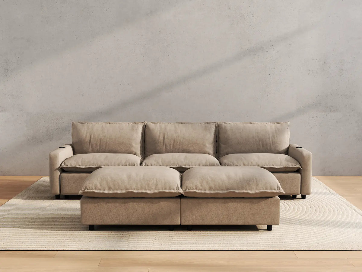 Modular Cero Reclining Sectionals | 5-Piece Khaki Linen Large Space U-Shaped Sectionals 3-Seater with 2-Ottomans