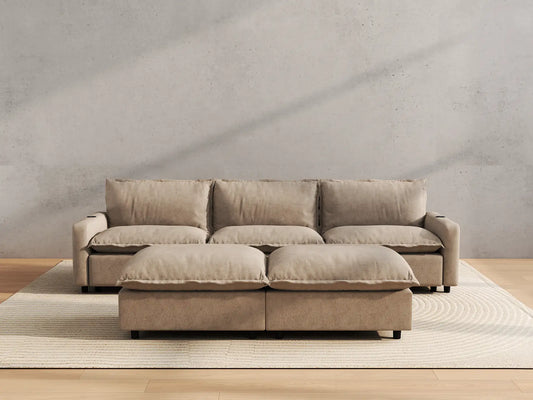 Modular Cero Reclining Sectionals | 5-Piece Khaki Linen Large Space U-Shaped Sectionals 3-Seater with 2-Ottomans