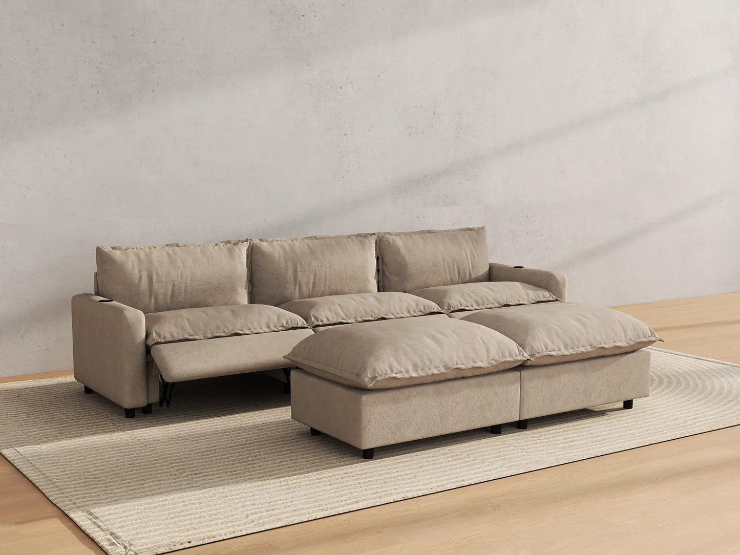 Modular Cero Reclining Sectionals | 5-Piece Khaki Linen Large Space U-Shaped Sectionals 3-Seater with 2-Ottomans