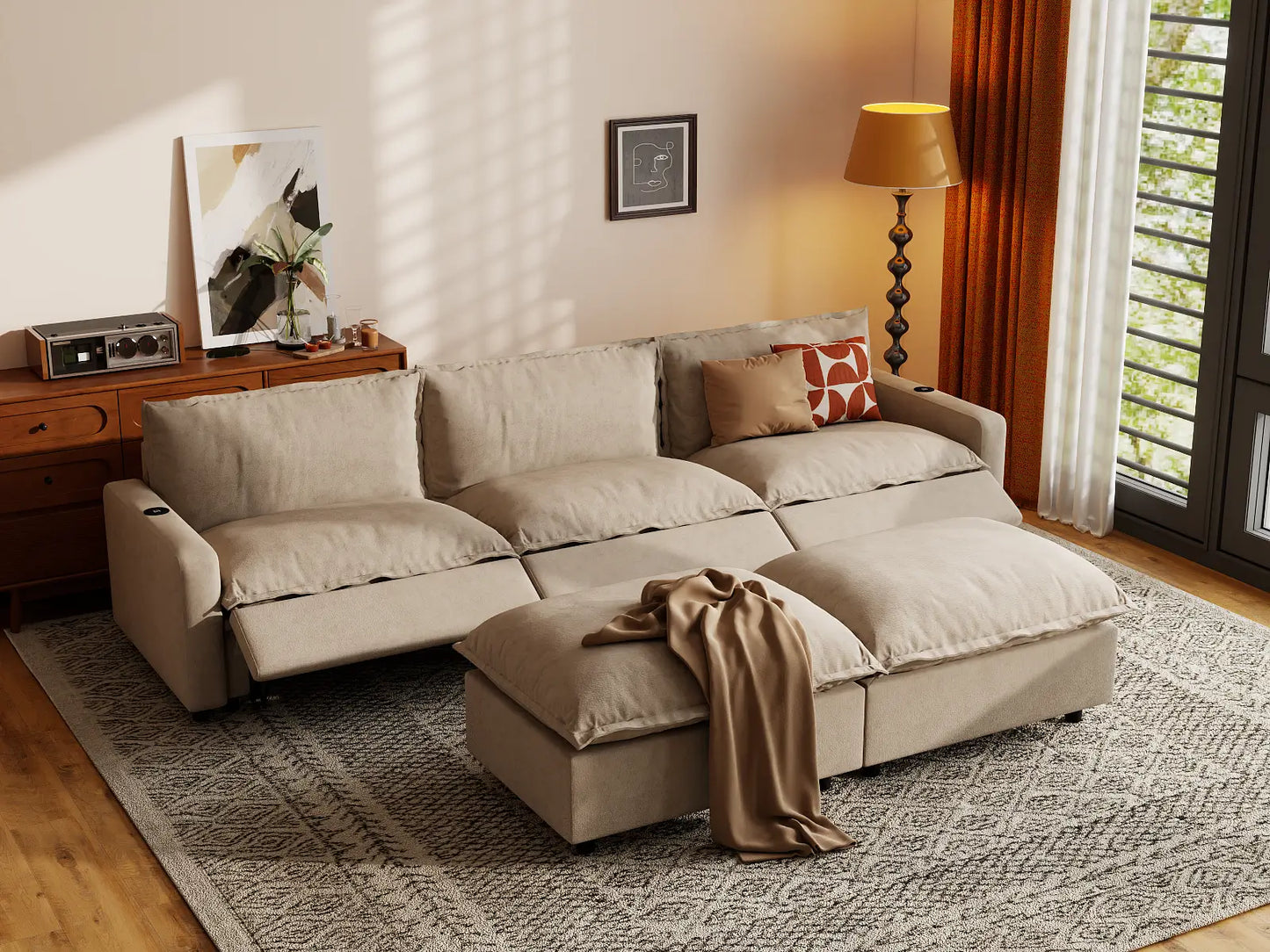 Modular Cero Reclining Sectionals | 5-Piece Khaki Linen Large Space U-Shaped Sectionals 3-Seater with 2-Ottomans