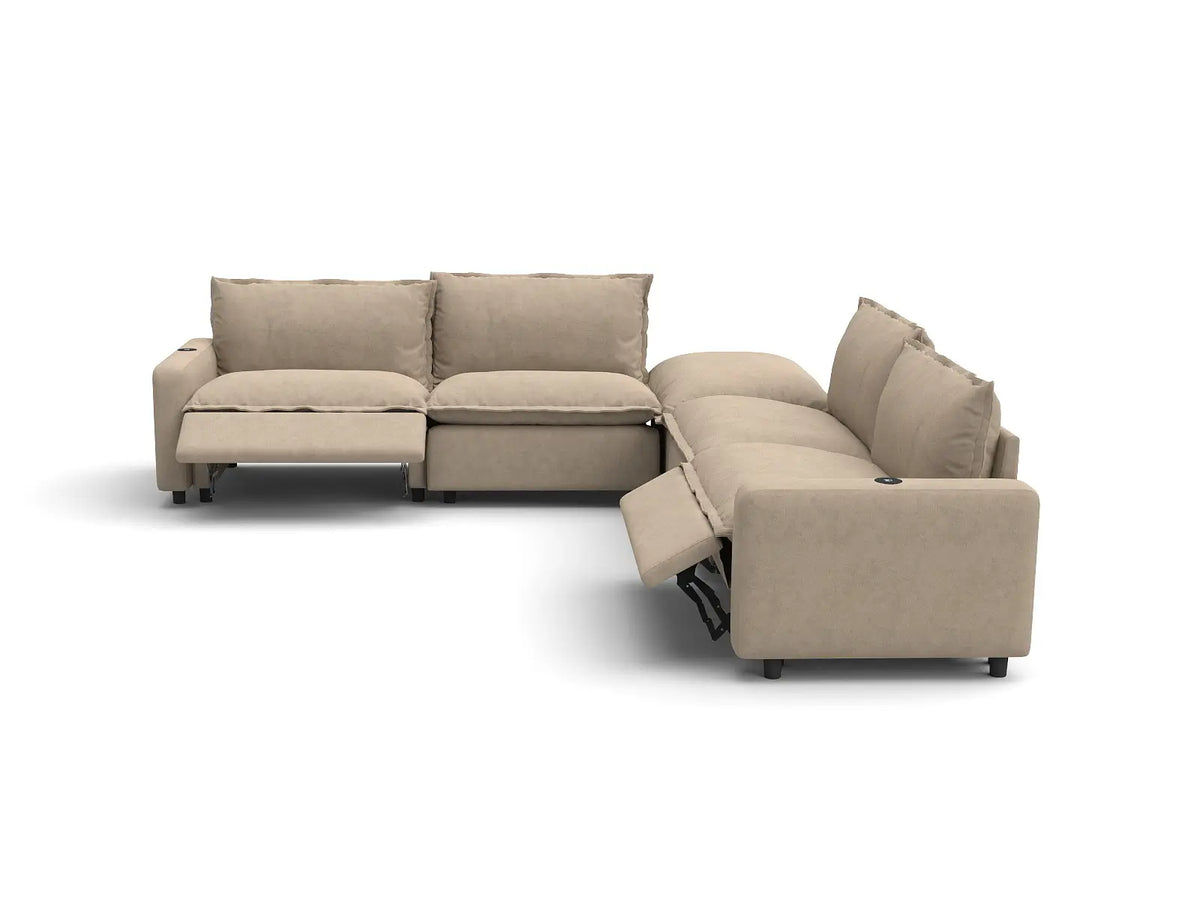 Modular Cero Reclining Sectionals | 5-Piece Khaki Linen Large Space V-Shaped Sectionals 4-Seater with 1-Ottoman