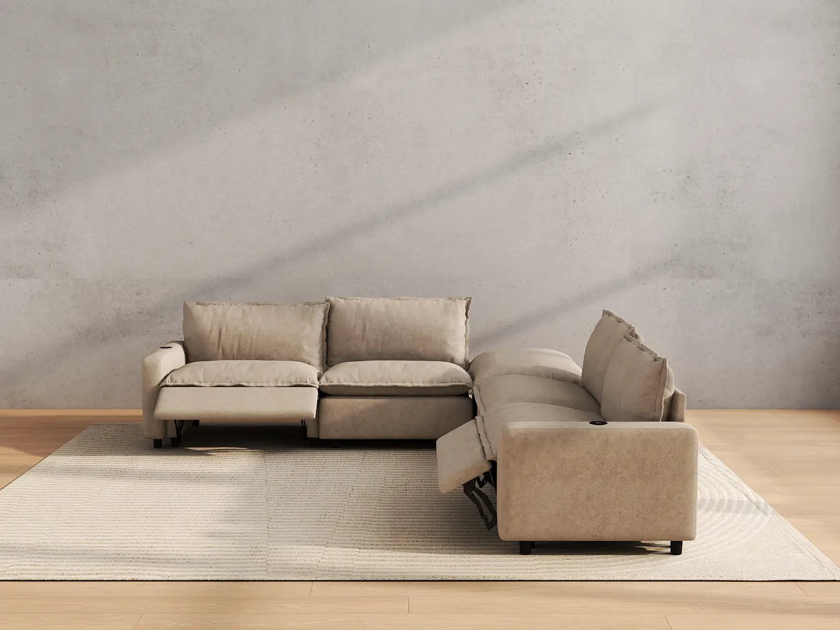 Modular Cero Reclining Sectionals | 5-Piece Khaki Linen Large Space V-Shaped Sectionals 4-Seater with 1-Ottoman