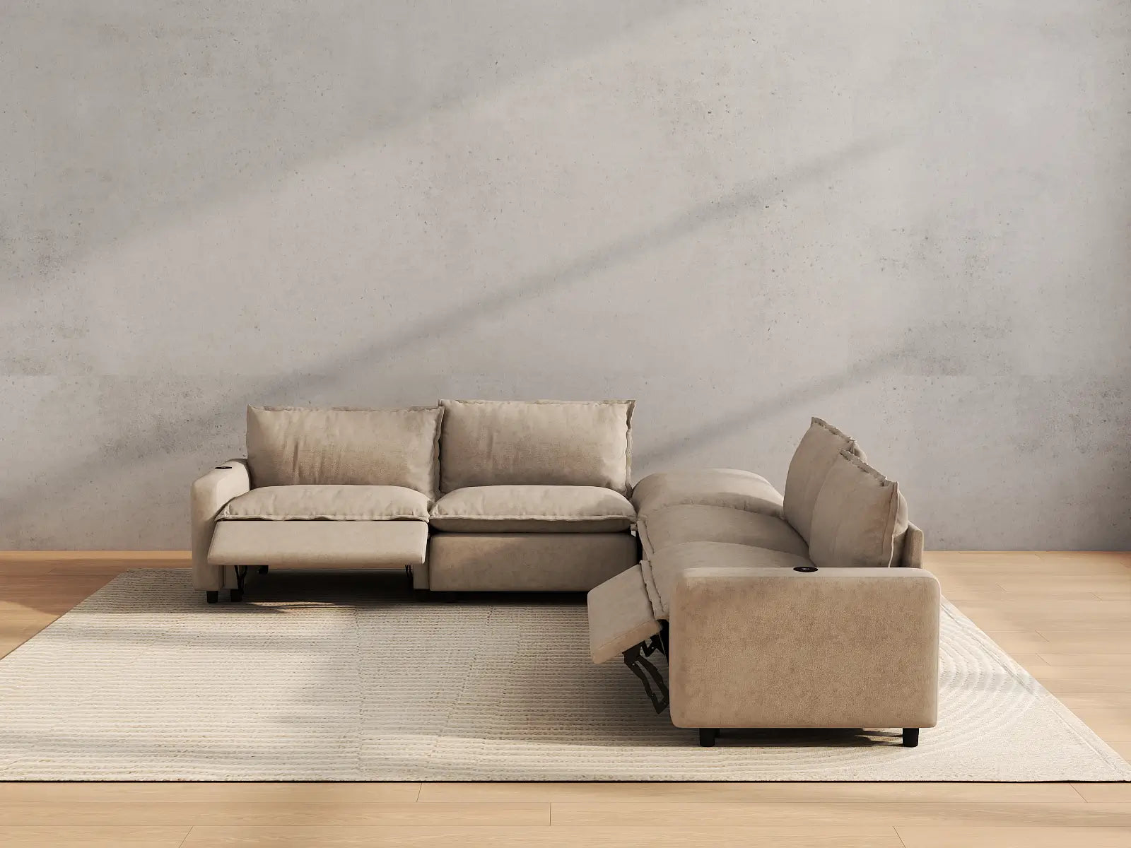 Modular Cero Power Reclining Sectional with Chaise | 5-Piece Khaki Linen Large Space V-Shaped Sectionals 4-Seater with 1-Ottoman