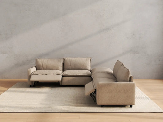 Modular Cero Reclining Sectionals | 5-Piece Khaki Linen Large Space V-Shaped Sectionals 4-Seater with 1-Ottoman