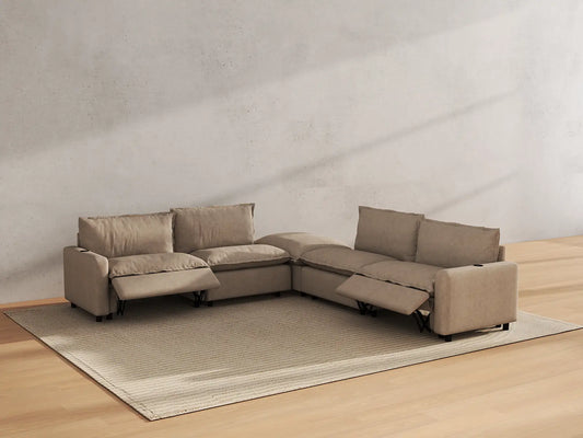 Modular Cero Reclining Sectionals | 5-Piece Khaki Linen Large Space V-Shaped Sectionals 4-Seater with 1-Ottoman
