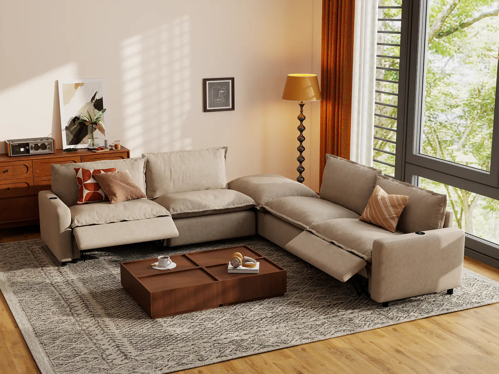 Modular Cero Power Reclining Sectional with Chaise | 5-Piece Khaki Linen Large Space V-Shaped Sectionals 4-Seater with 1-Ottoman
