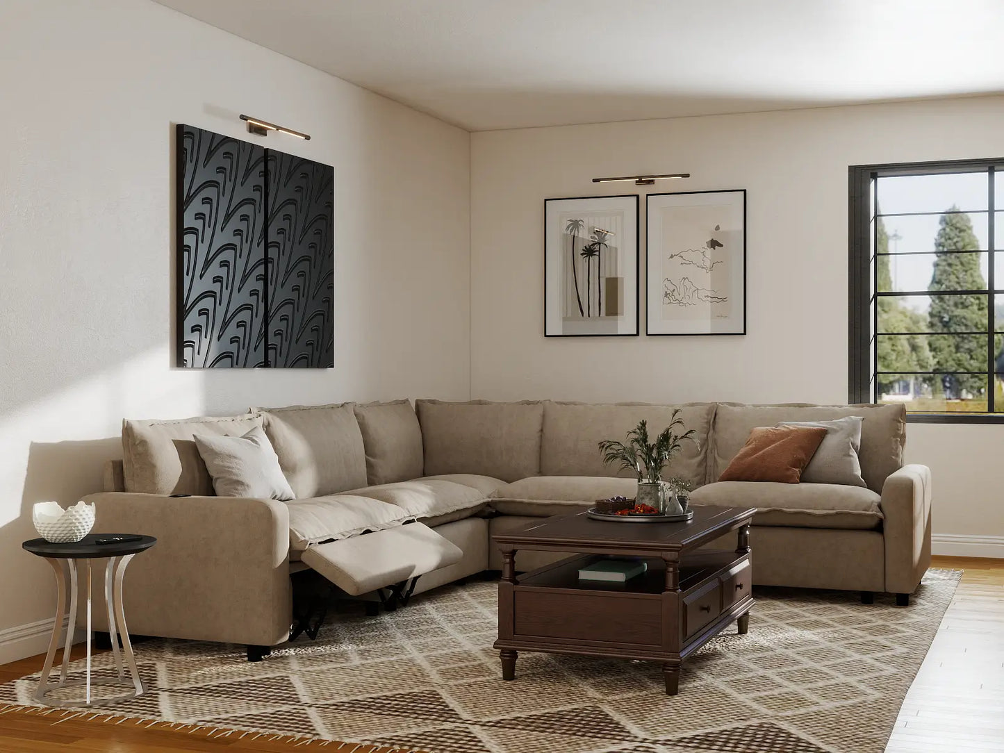 Modular Cero Reclining Sectionals | 5-Piece Khaki Linen Large Space V-Shaped Sectionals 5-Seater