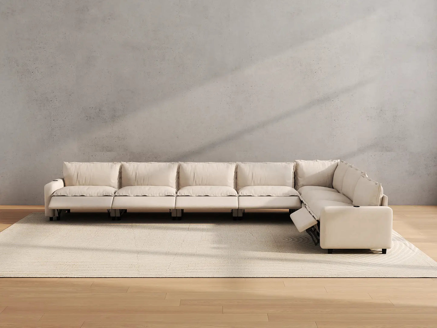 Modular Cero Sectional Reclining Couch | 7-Piece Beige Linen Large Space V-Shaped Sectionals 7-Seater