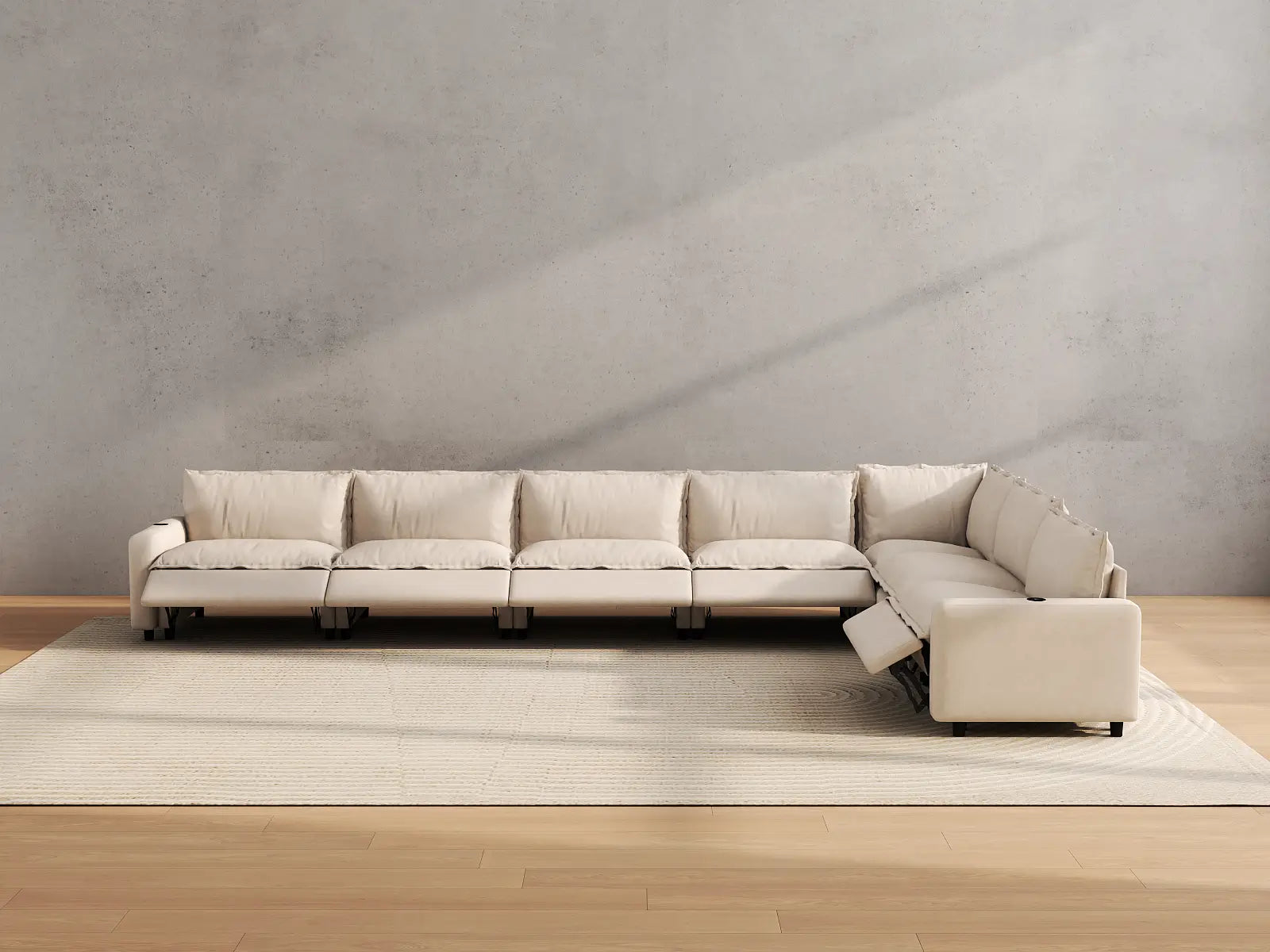 Modular Cero Sectional Reclining Couch | 7-Piece Beige Linen Large Space V-Shaped Sectionals 7-Seater