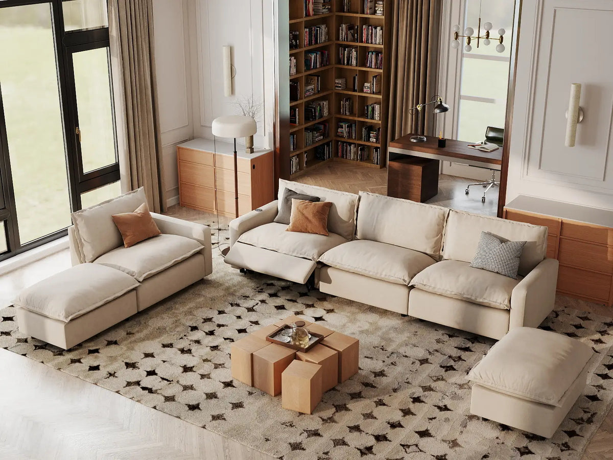 6 Piece Beige Linen Cinema Ready Corner Sectionals 4 Seater with 2 Ottomans 1