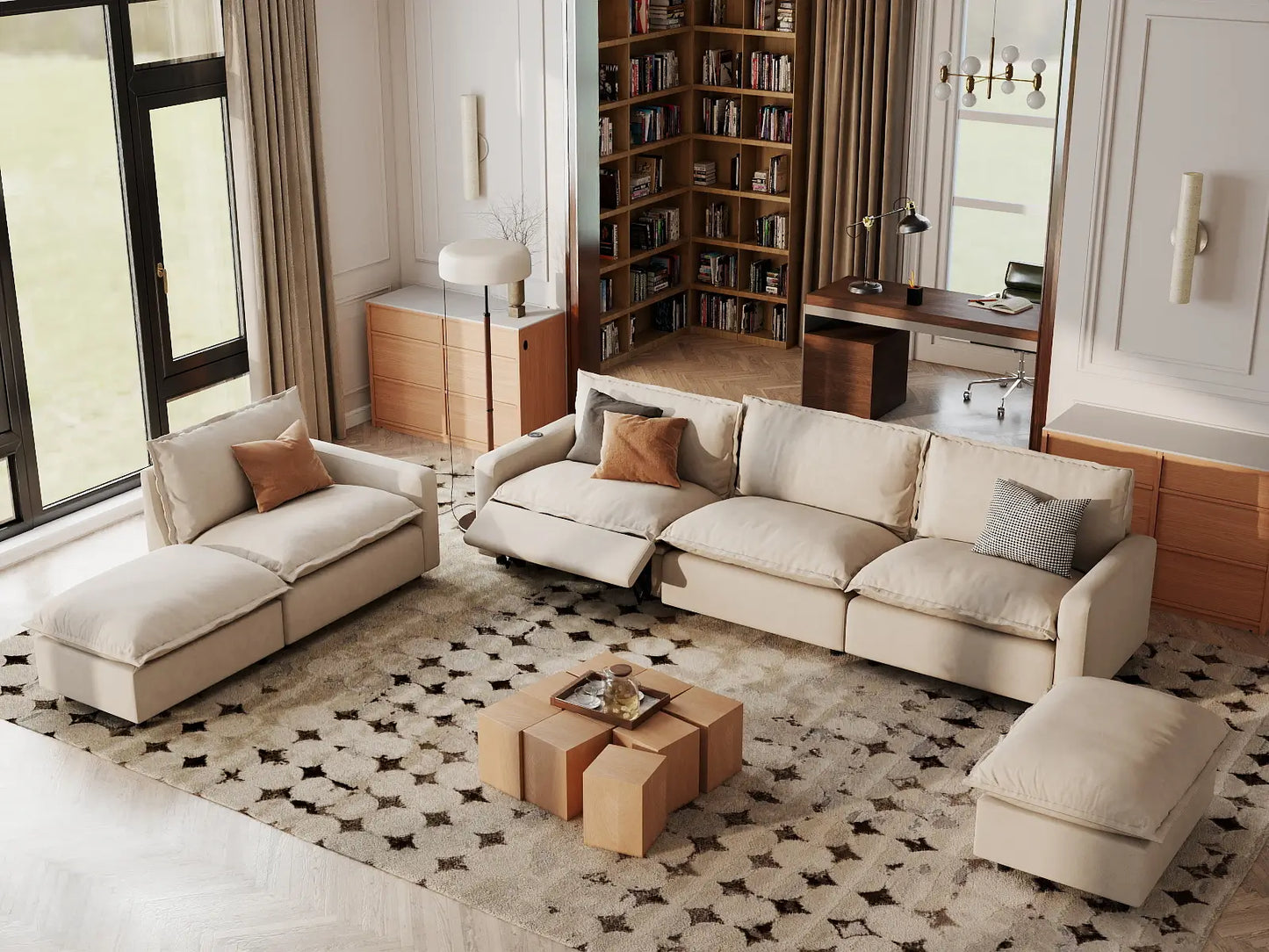 6 Piece Beige Linen Cinema Ready Corner Sectionals 4 Seater with 2 Ottomans 1