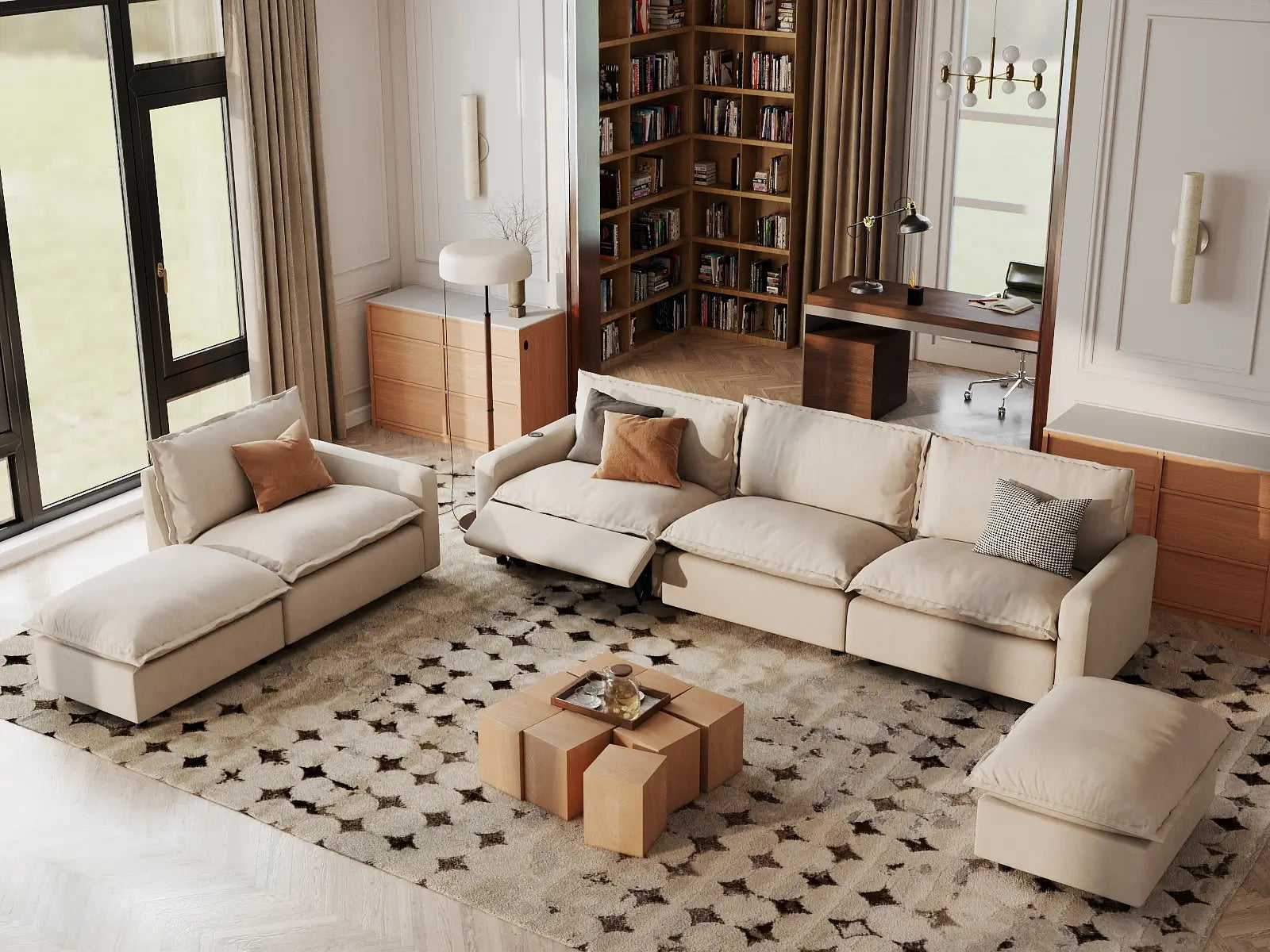 6 Piece Beige Linen Cinema Ready Corner Sectionals 4 Seater with 2 Ottomans 1
