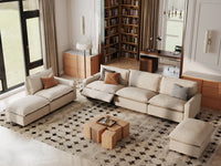 6 Piece Beige Linen Cinema Ready Corner Sectionals 4 Seater with 2 Ottomans 1