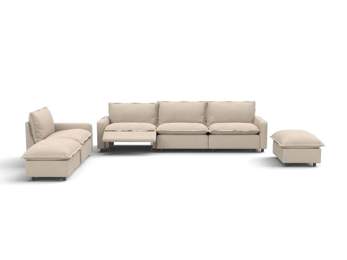 6 Piece Beige Linen Cinema Ready Corner Sectionals 4 Seater with 2 Ottomans 2