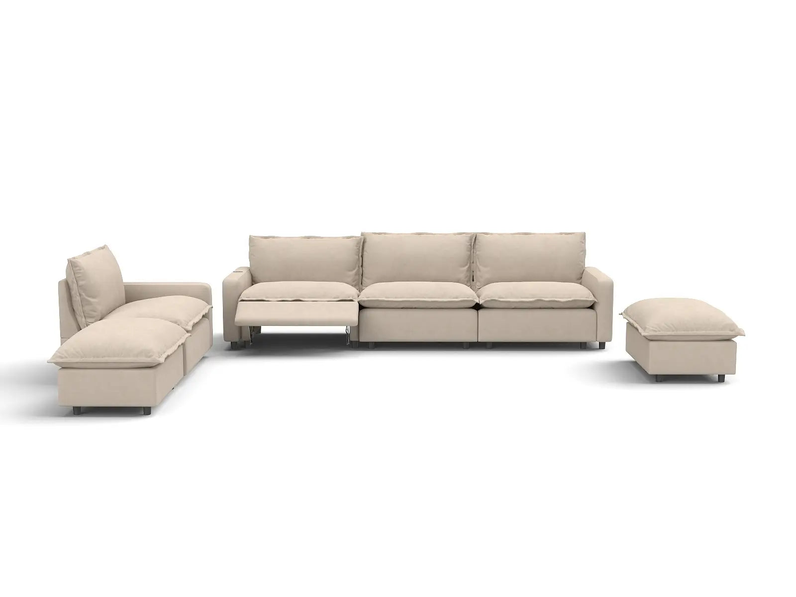 6 Piece Beige Linen Cinema Ready Corner Sectionals 4 Seater with 2 Ottomans 2