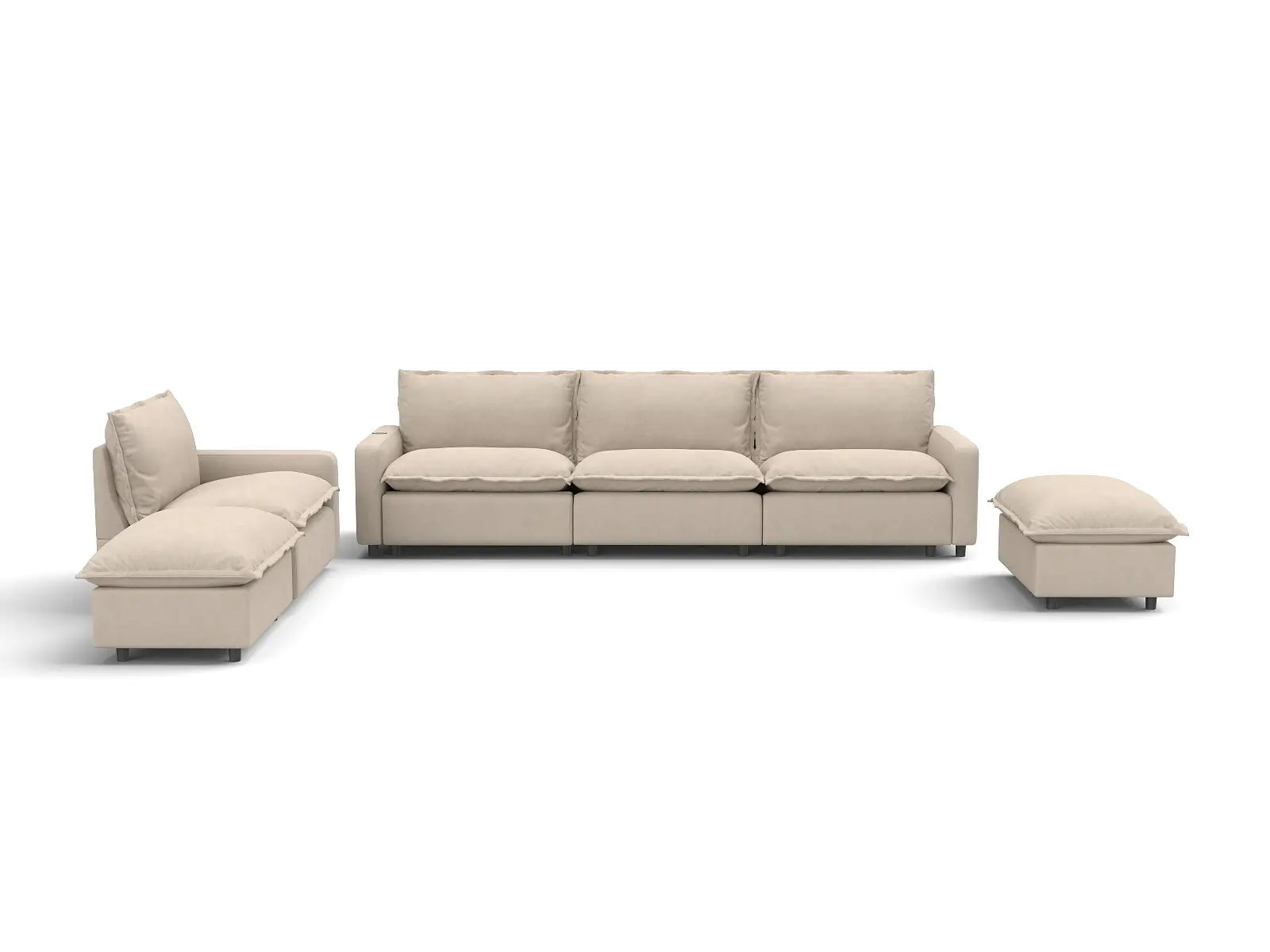 6 Piece Beige Linen Cinema Ready Corner Sectionals 4 Seater with 2 Ottomans 3