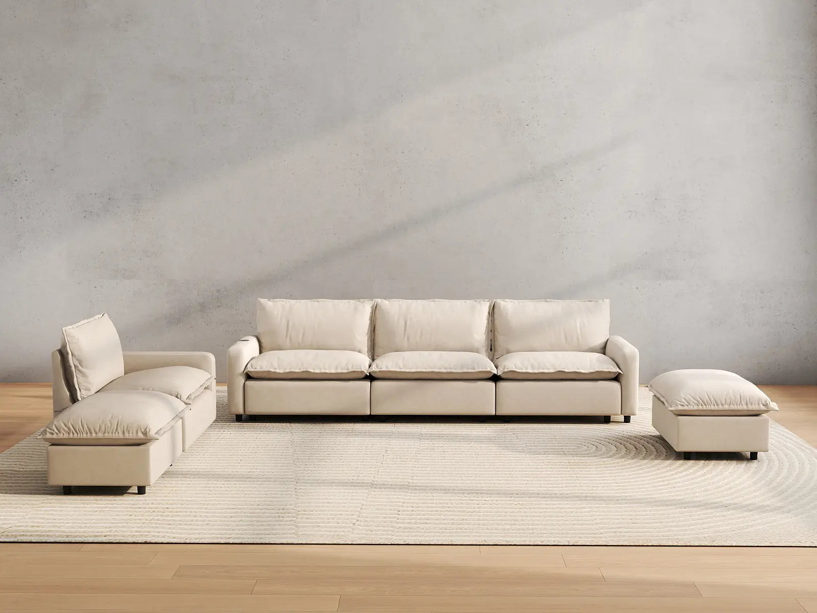 6 Piece Beige Linen Cinema Ready Corner Sectionals 4 Seater with 2 Ottomans 4