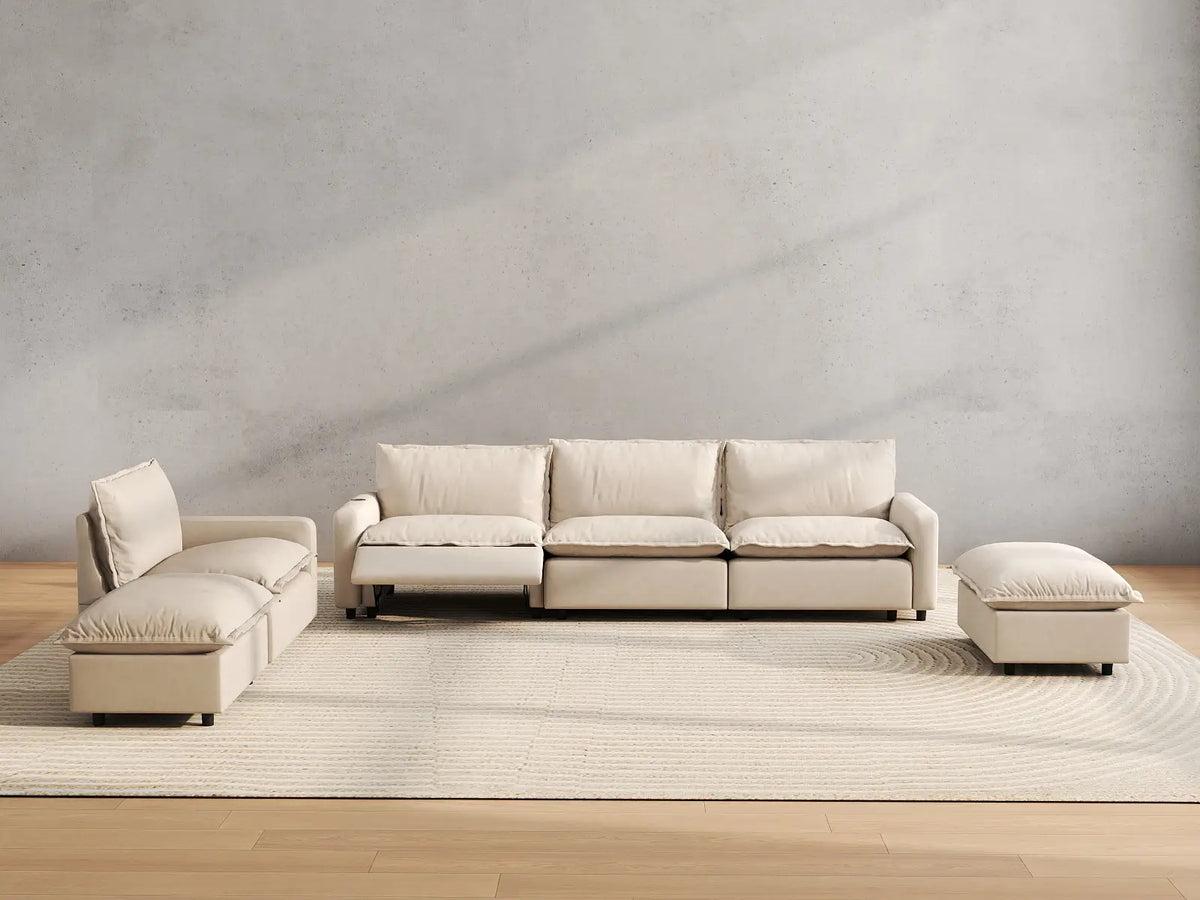 6 Piece Beige Linen Cinema Ready Corner Sectionals 4 Seater with 2 Ottomans 5