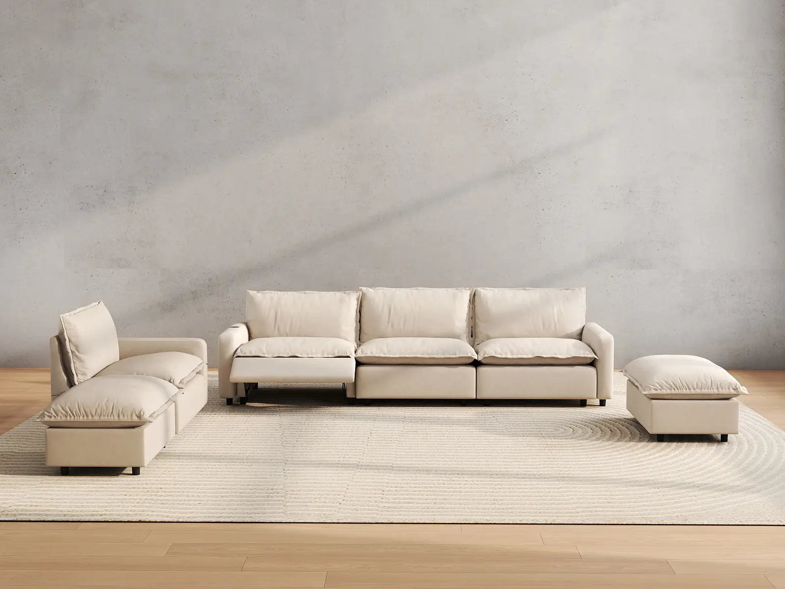 6 Piece Beige Linen Cinema Ready Corner Sectionals 4 Seater with 2 Ottomans 5