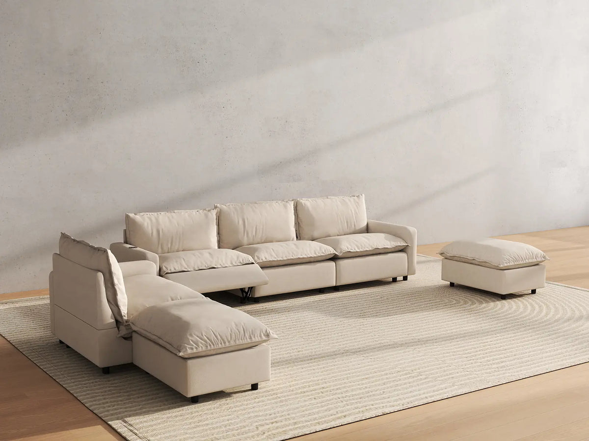 6 Piece Beige Linen Cinema Ready Corner Sectionals 4 Seater with 2 Ottomans 6