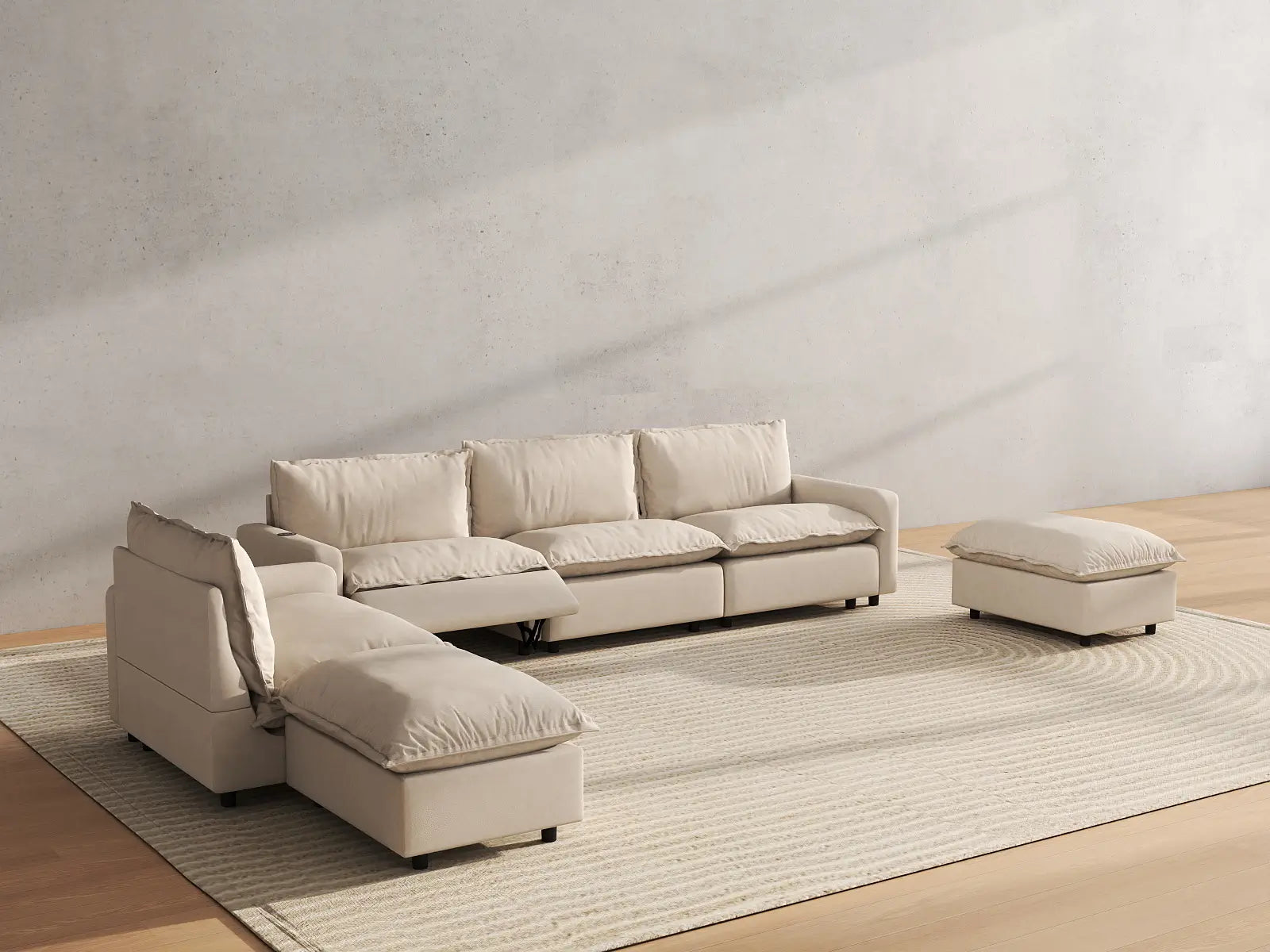 6 Piece Beige Linen Cinema Ready Corner Sectionals 4 Seater with 2 Ottomans 6