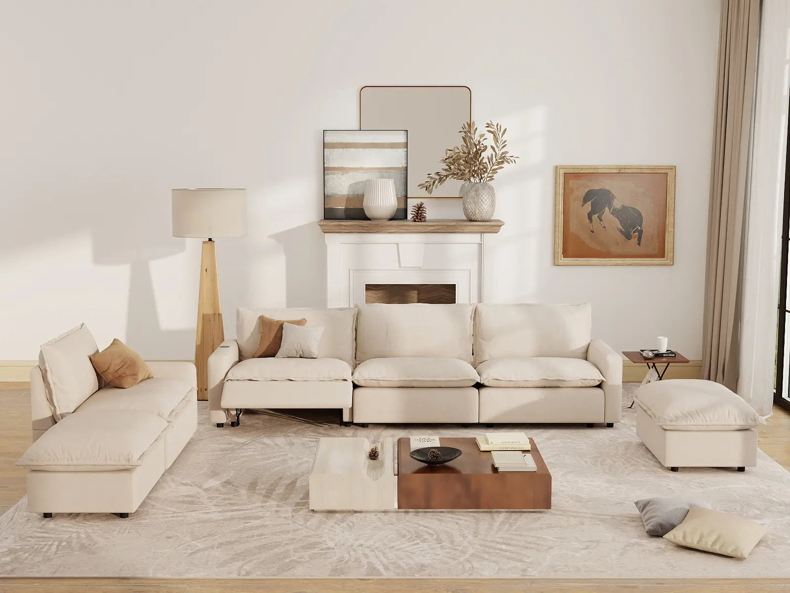 6 Piece Beige Linen Cinema Ready Corner Sectionals 4 Seater with 2 Ottomans 7