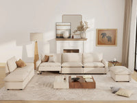 6 Piece Beige Linen Cinema Ready Corner Sectionals 4 Seater with 2 Ottomans 7