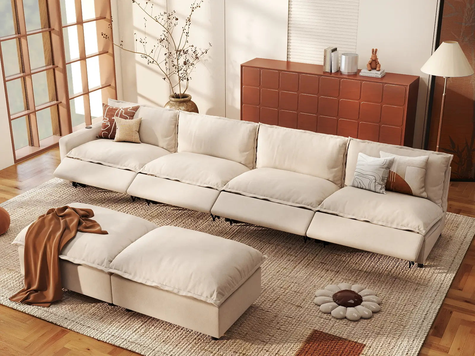 6 Piece Beige Linen Cinema Ready Sofa Sets 4 Seater with 2 Ottomans 1