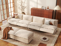 6 Piece Beige Linen Cinema Ready Sofa Sets 4 Seater with 2 Ottomans 1