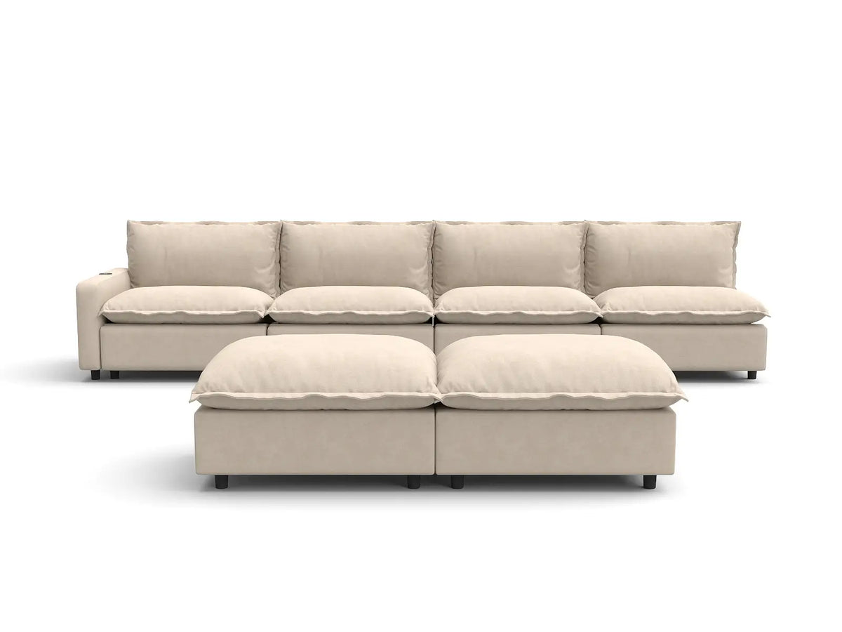 6 Piece Beige Linen Cinema Ready Sofa Sets 4 Seater with 2 Ottomans 2