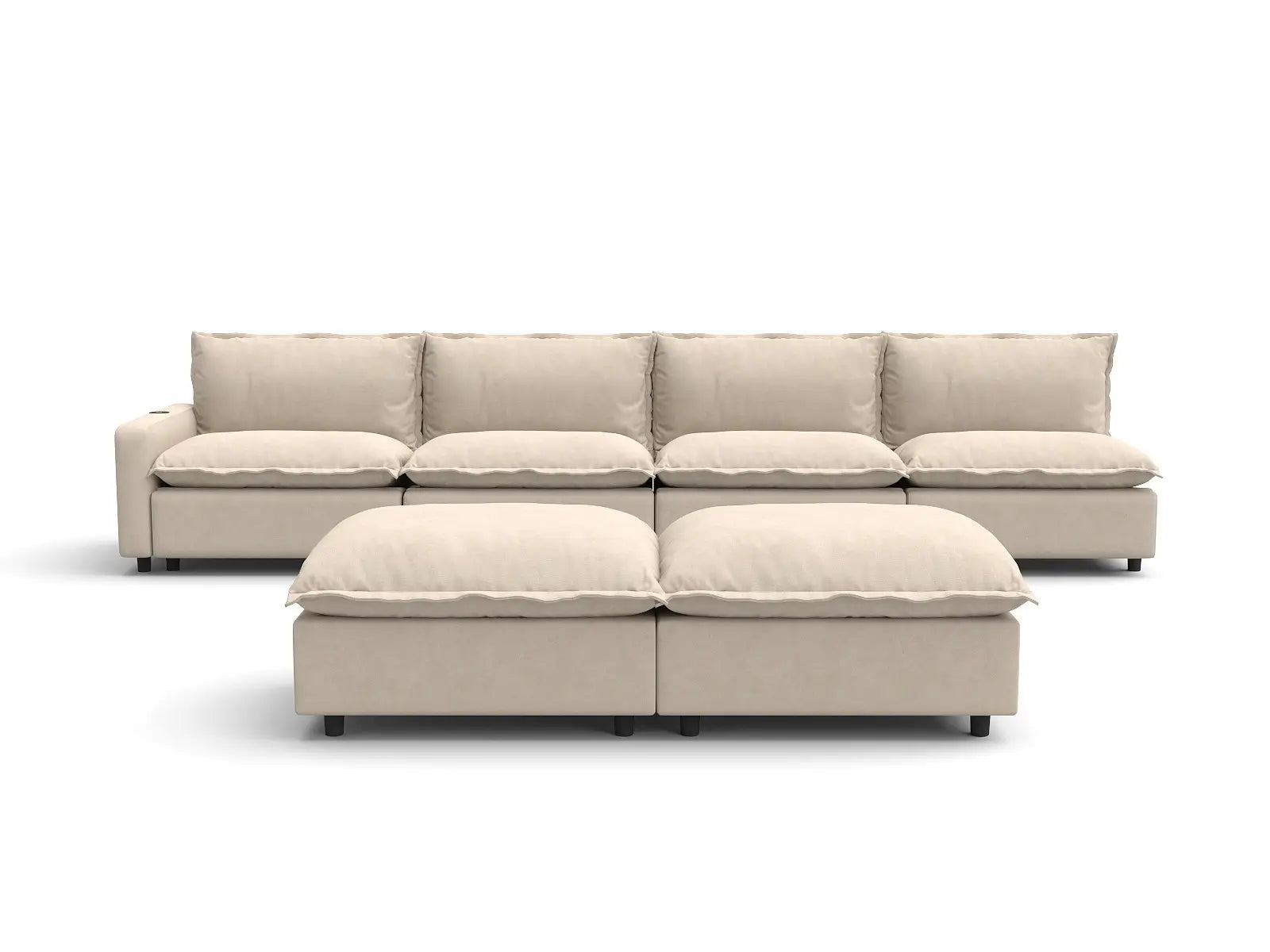 6 Piece Beige Linen Cinema Ready Sofa Sets 4 Seater with 2 Ottomans 2