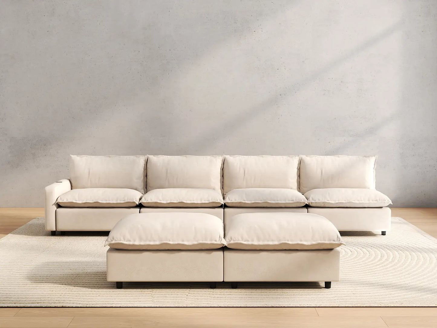 6 Piece Beige Linen Cinema Ready Sofa Sets 4 Seater with 2 Ottomans 4