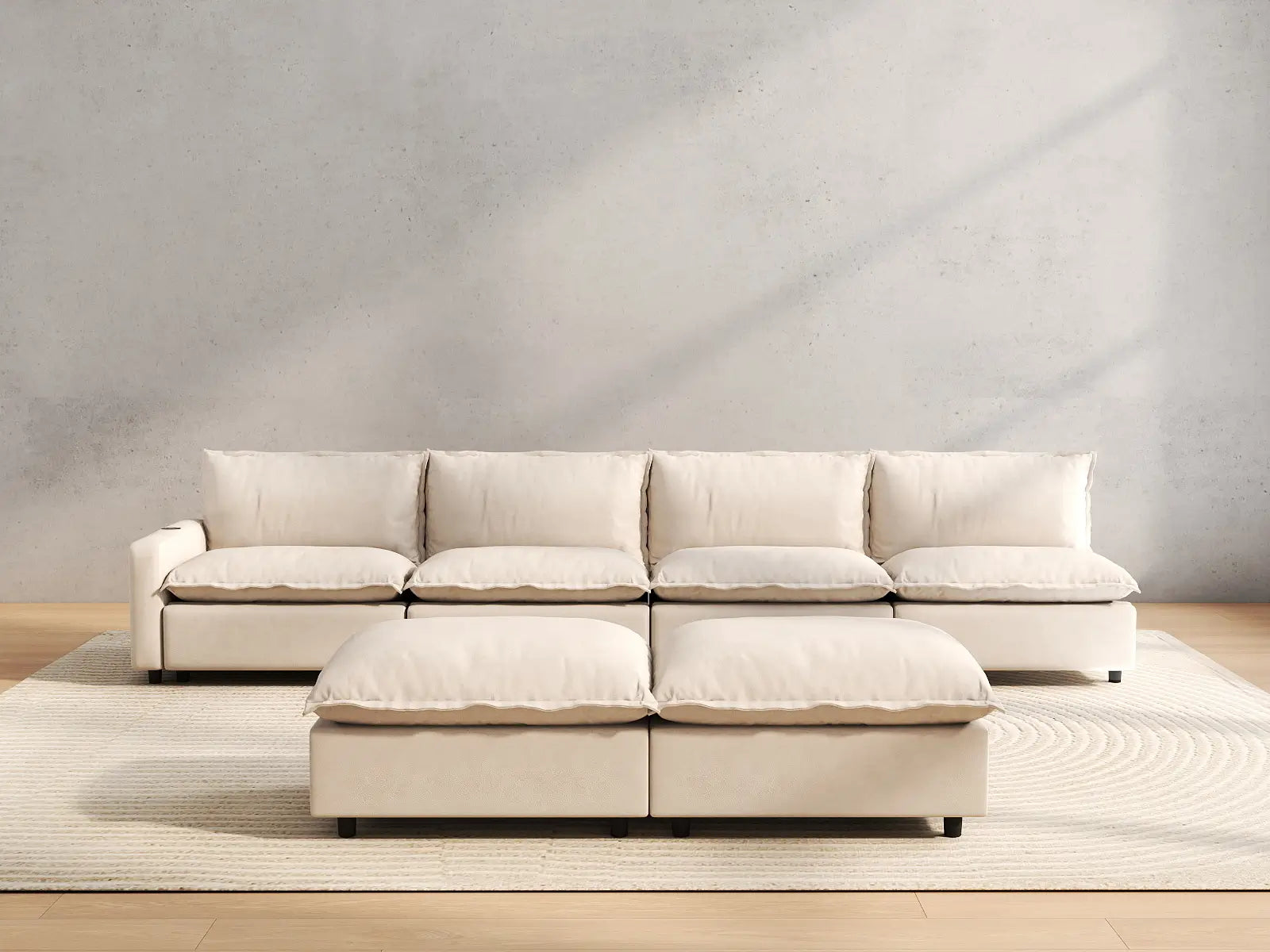 6 Piece Beige Linen Cinema Ready Sofa Sets 4 Seater with 2 Ottomans 4