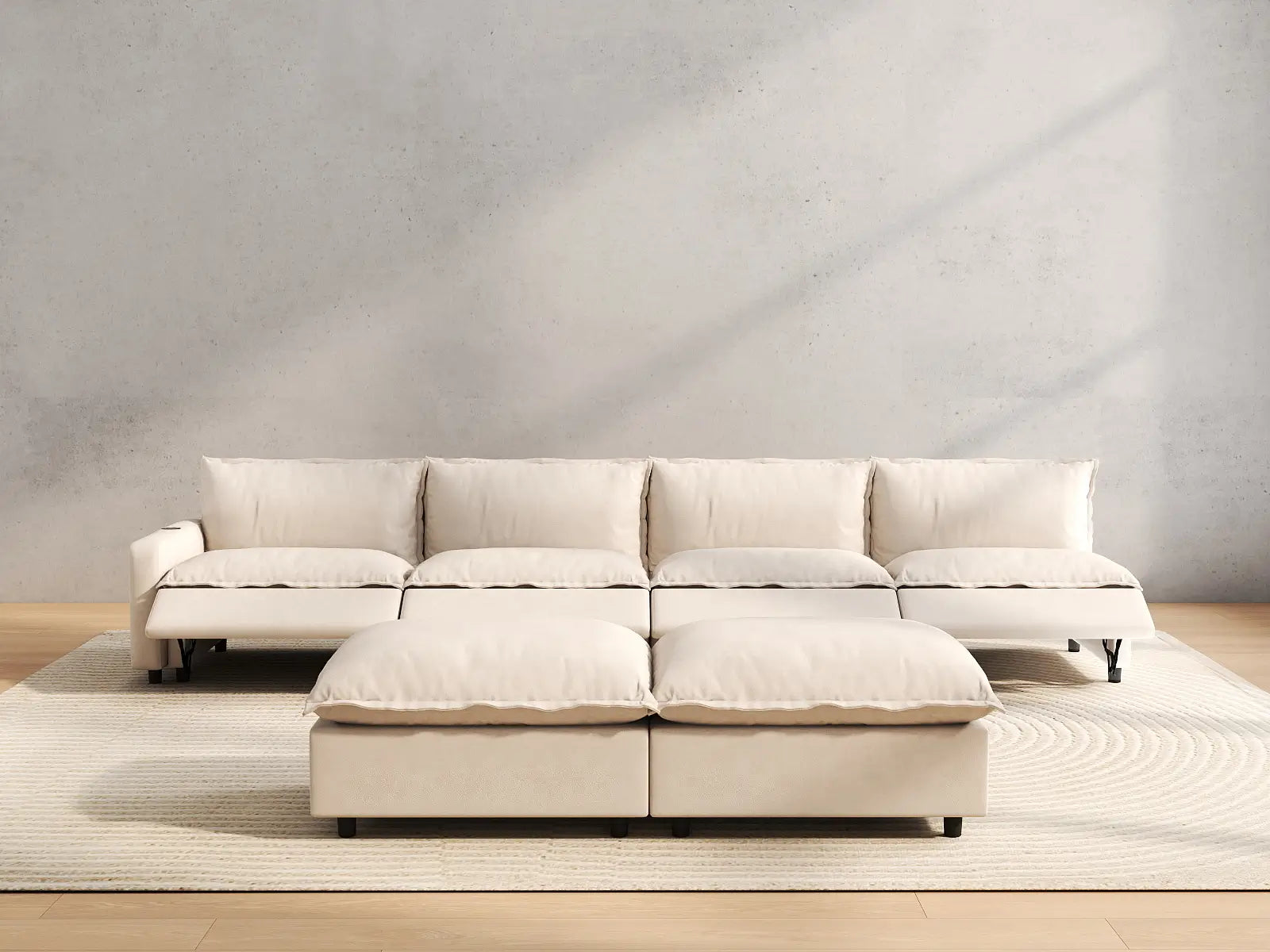 6 Piece Beige Linen Cinema Ready Sofa Sets 4 Seater with 2 Ottomans 5