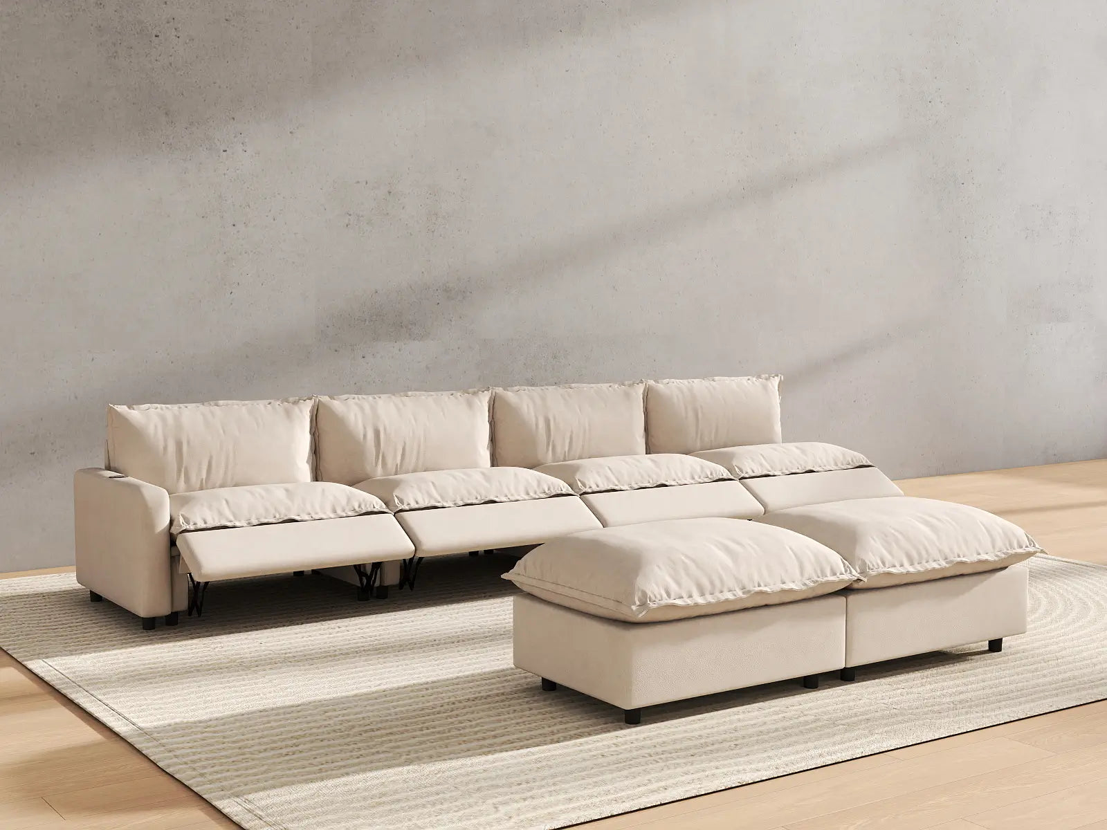 6 Piece Beige Linen Cinema Ready Sofa Sets 4 Seater with 2 Ottomans 6