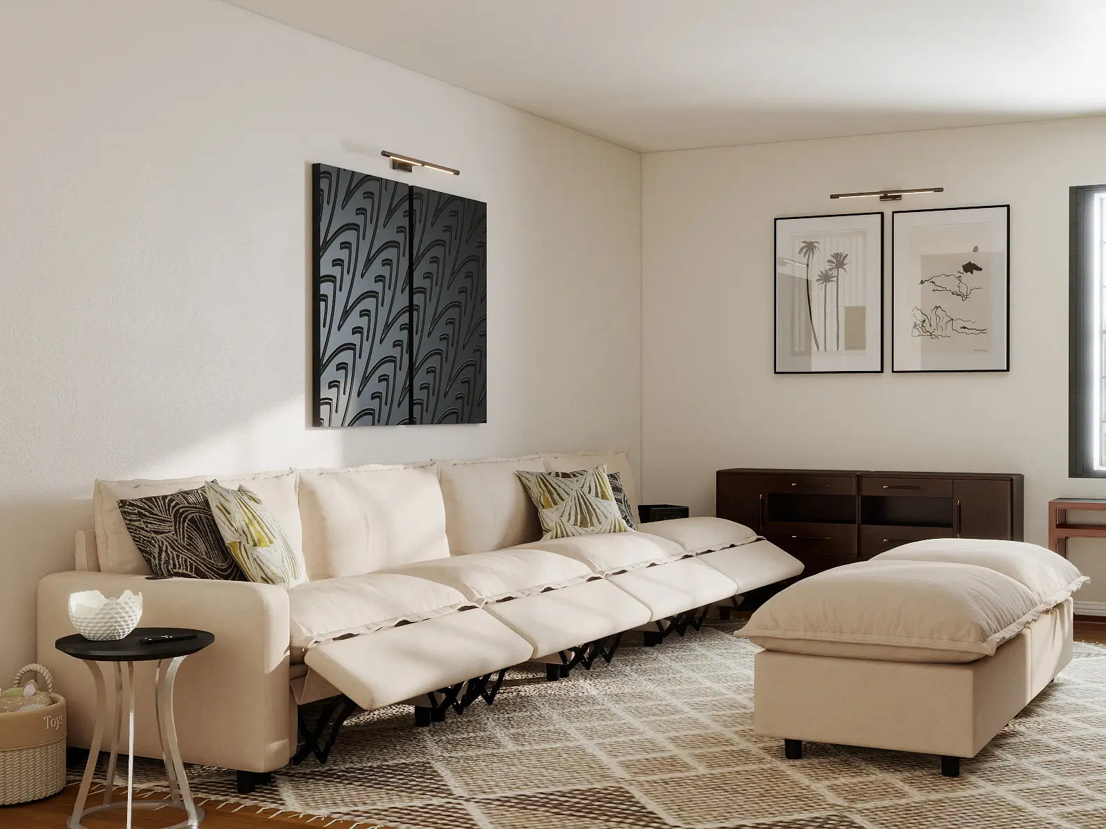 6 Piece Beige Linen Cinema Ready Sofa Sets 4 Seater with 2 Ottomans 7