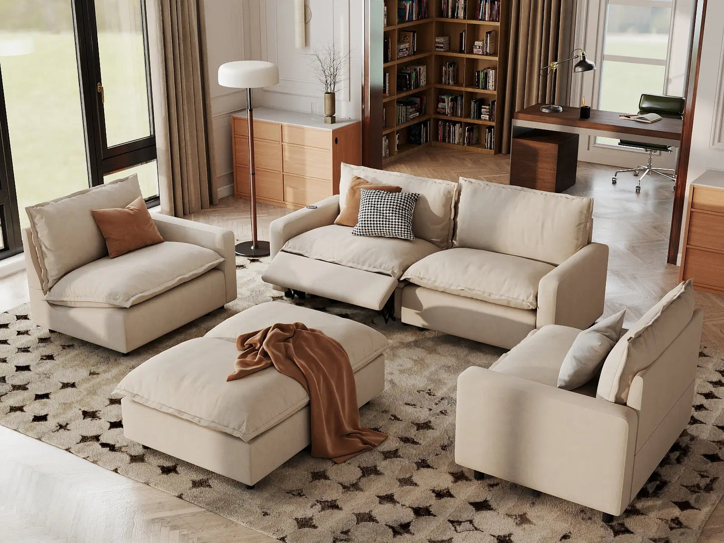 6 Piece Beige Linen Everyone Reclines U Shaped Sectionals 4 Seater with 2 Ottomans 1