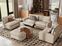 6 Piece Beige Linen Everyone Reclines U Shaped Sectionals 4 Seater with 2 Ottomans 1