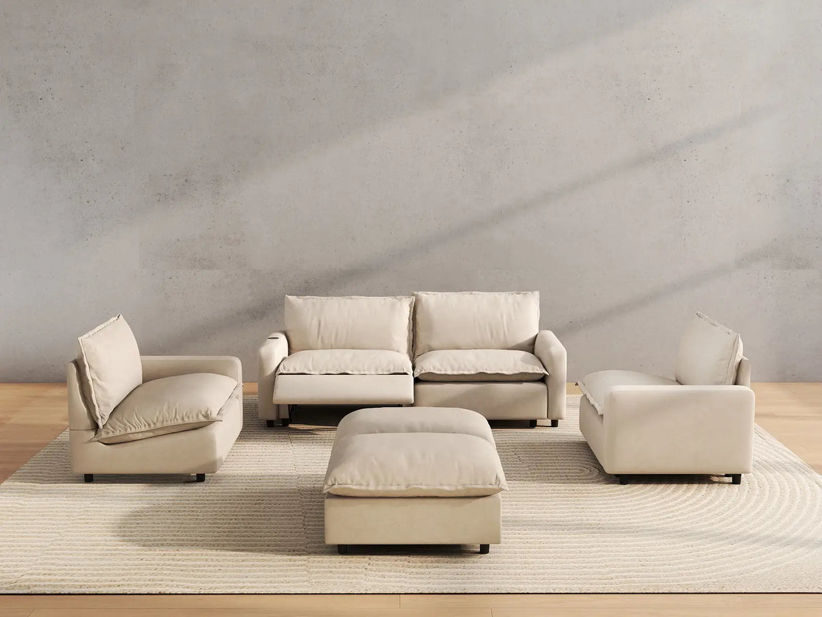 6 Piece Beige Linen Everyone Reclines U Shaped Sectionals 4 Seater with 2 Ottomans 4