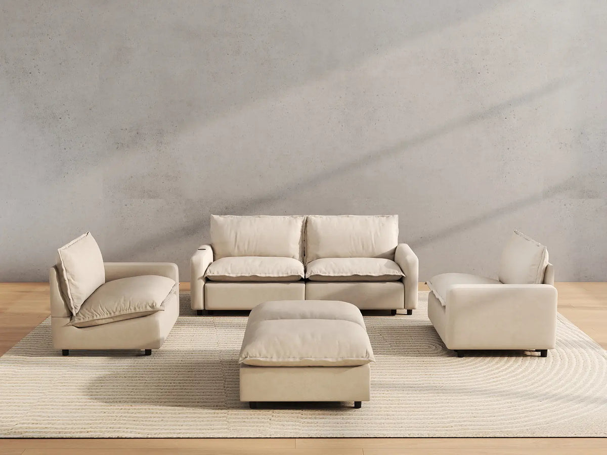 6 Piece Beige Linen Everyone Reclines U Shaped Sectionals 4 Seater with 2 Ottomans 5