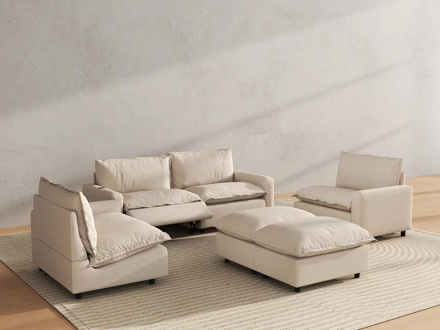 6 Piece Beige Linen Everyone Reclines U Shaped Sectionals 4 Seater with 2 Ottomans 6