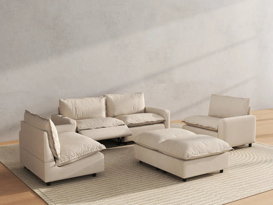 6 Piece Beige Linen Everyone Reclines U Shaped Sectionals 4 Seater with 2 Ottomans 6