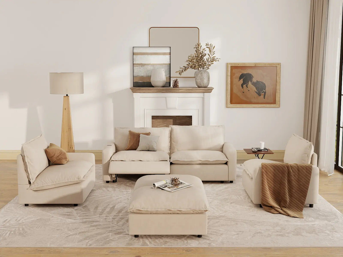 6 Piece Beige Linen Everyone Reclines U Shaped Sectionals 4 Seater with 2 Ottomans 7