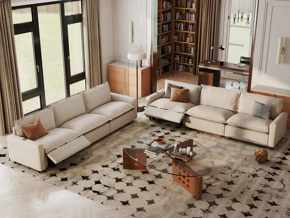 6 Piece Beige Linen Grand Estate V Shaped Sectionals 6 Seater 1