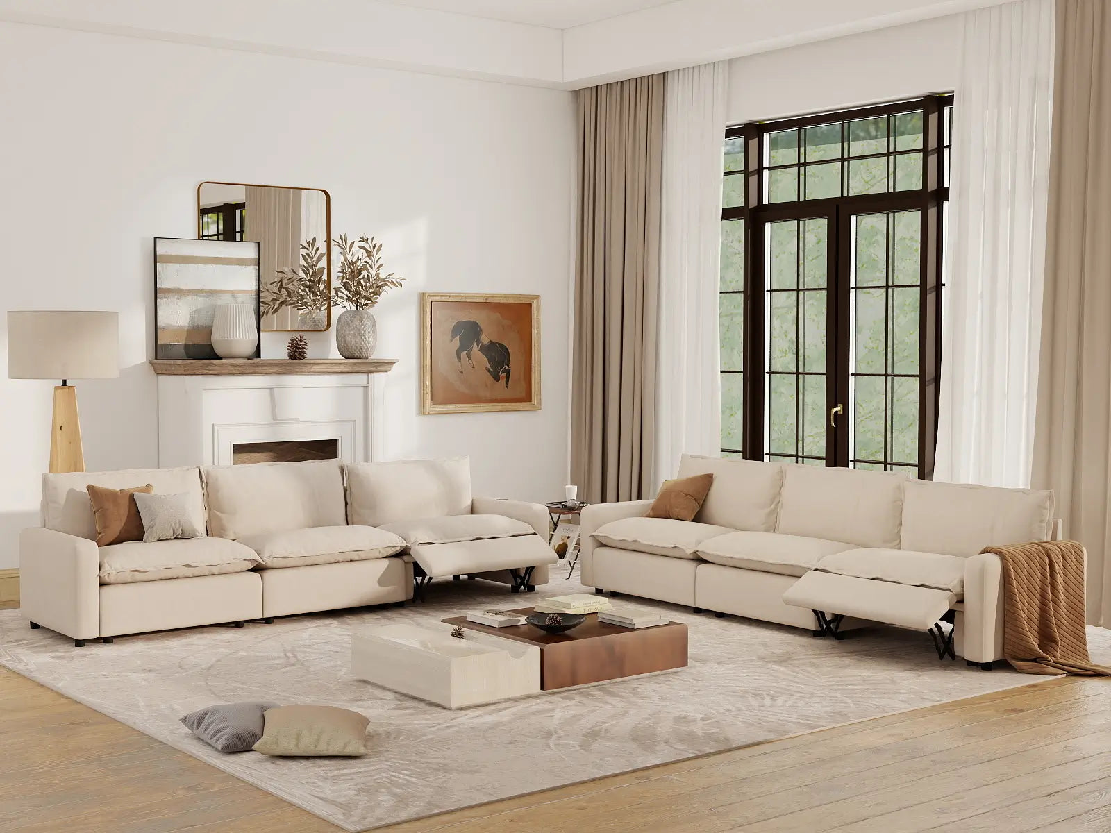 6 Piece Beige Linen Grand Estate V Shaped Sectionals 6 Seater 7