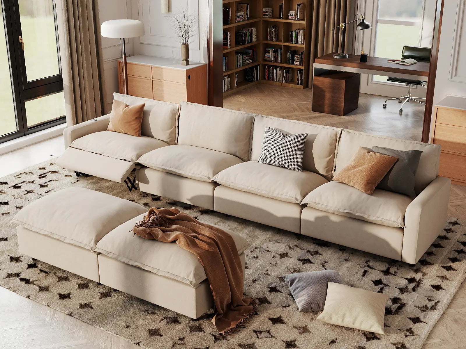 6 Piece Beige Linen Relax Your Neck Sofa Sets 4 Seater with 2 Ottomans 1